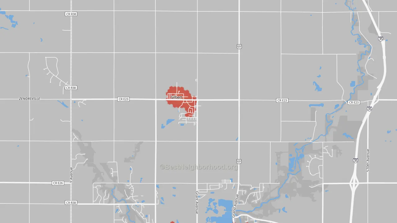 Walk Grade map of Gilbert, IA, walkable areas in green and car-dependent areas in red