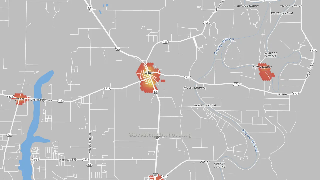 Walk Grade map of Gilbert, LA, walkable areas in green and car-dependent areas in red