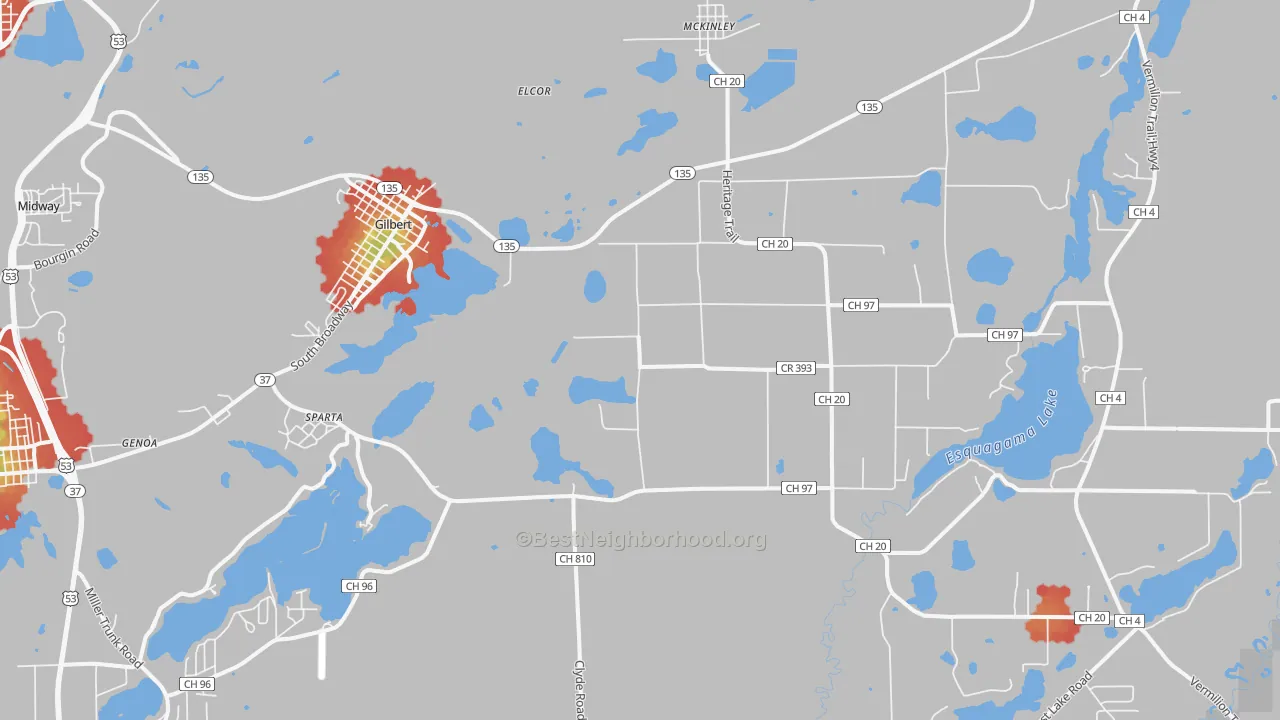 Walk Grade map of Gilbert, MN, walkable areas in green and car-dependent areas in red