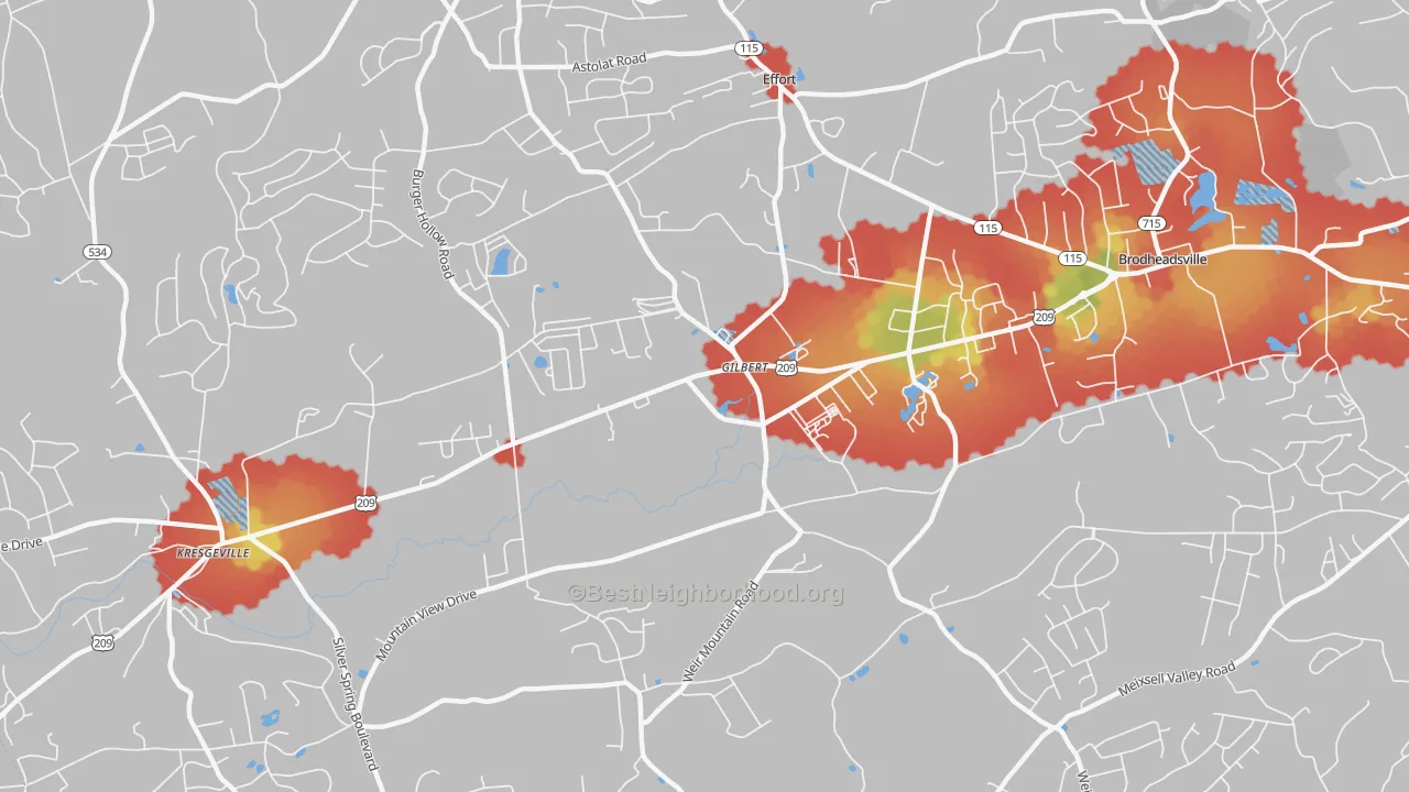 Walk Grade map of Gilbert, PA, walkable areas in green and car-dependent areas in red