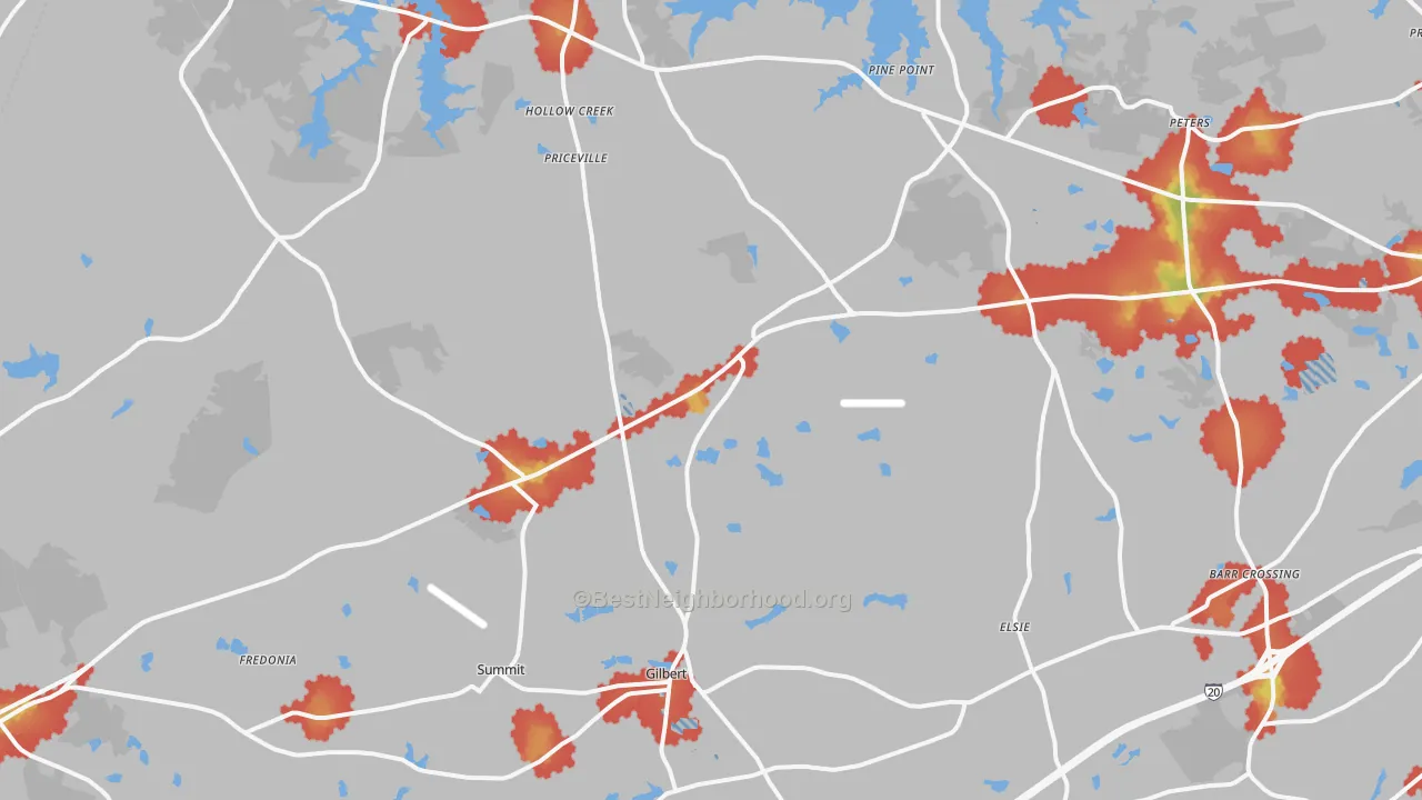 Walk Grade map of Gilbert, SC, walkable areas in green and car-dependent areas in red