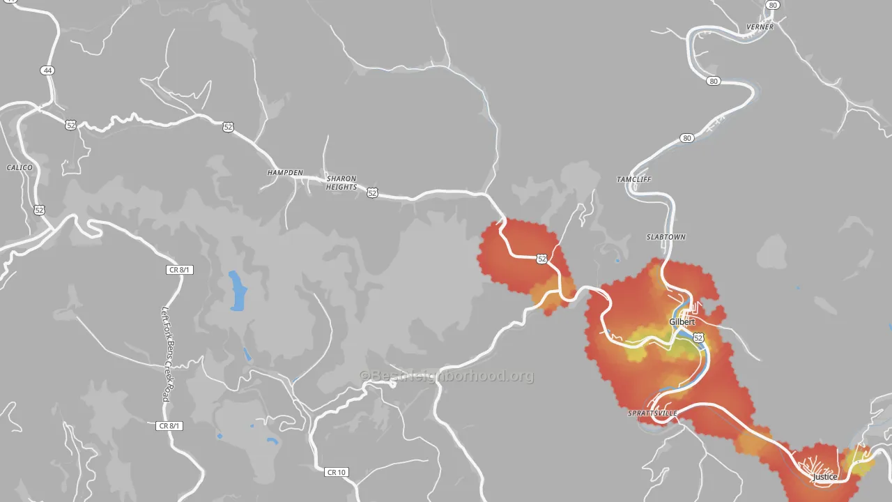 Walk Grade map of Gilbert, WV, walkable areas in green and car-dependent areas in red