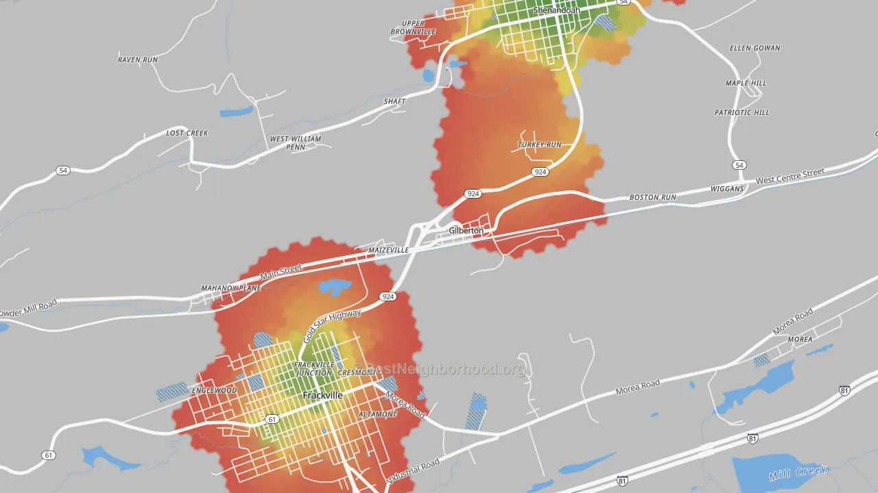 Walk Grade map of Gilberton, PA, walkable areas in green and car-dependent areas in red