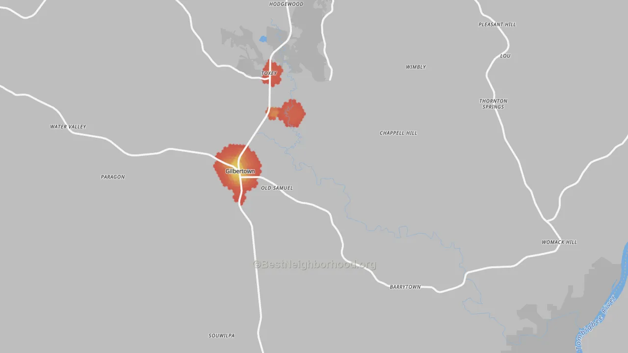 Walk Grade map of Gilbertown, AL, walkable areas in green and car-dependent areas in red