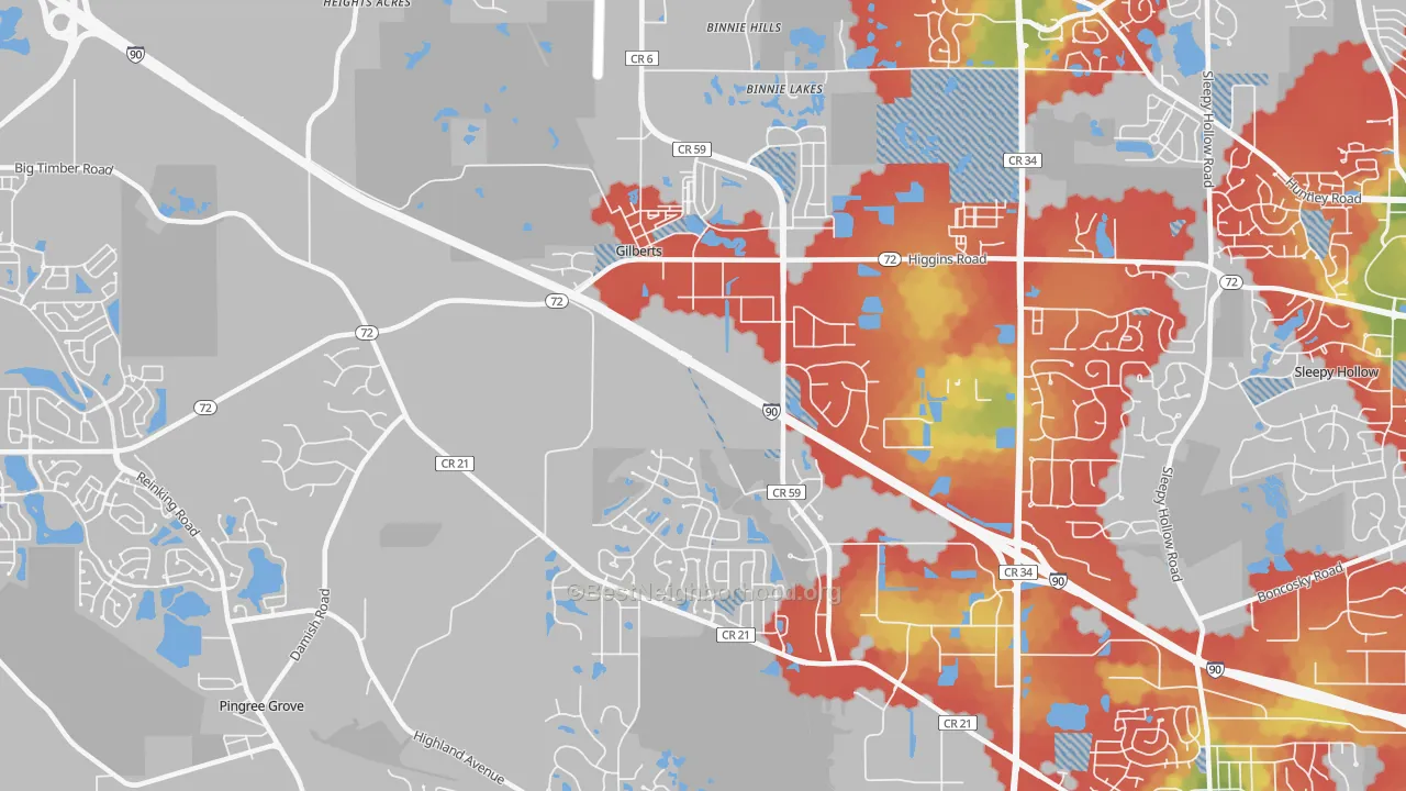 Walk Grade map of Gilberts, IL, walkable areas in green and car-dependent areas in red