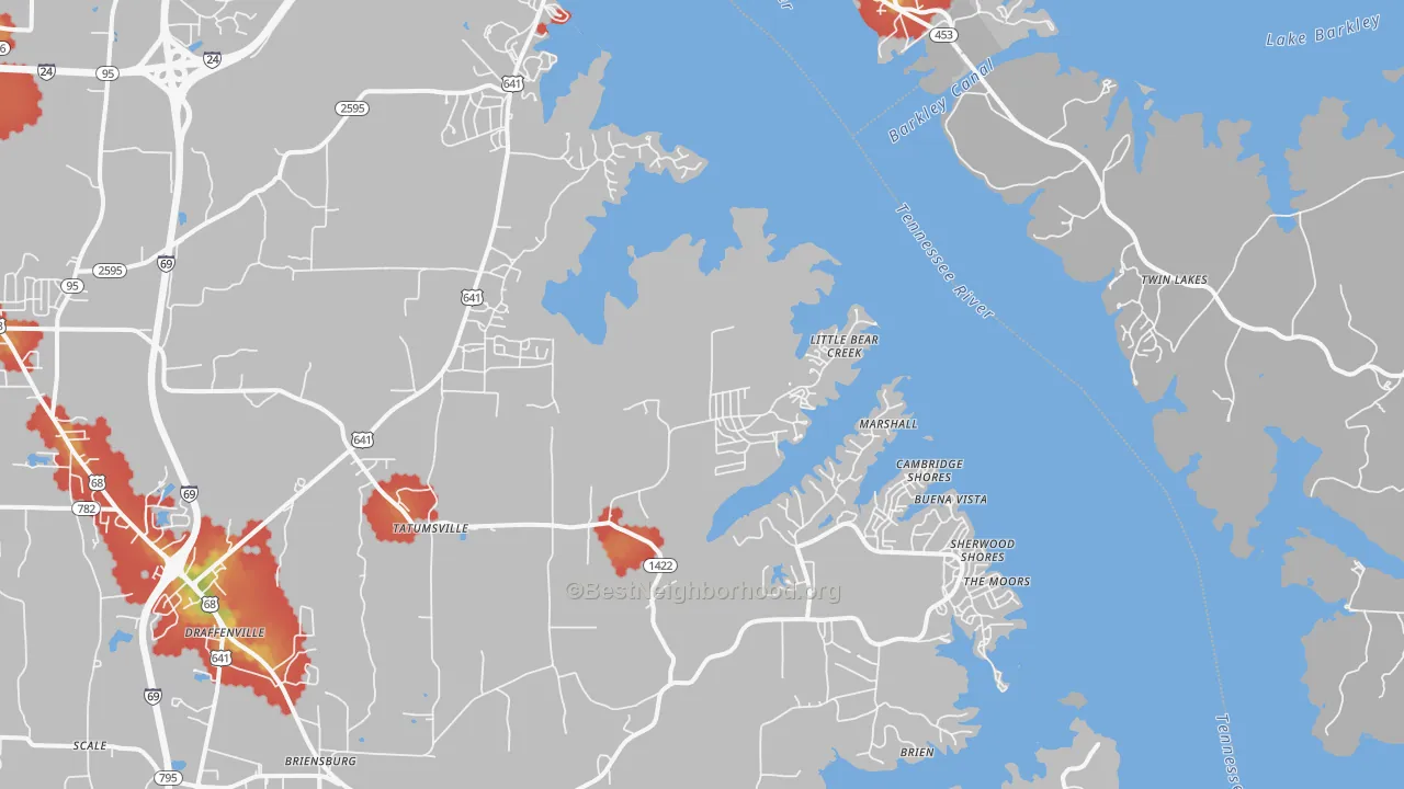 Walk Grade map of Gilbertsville, KY, walkable areas in green and car-dependent areas in red