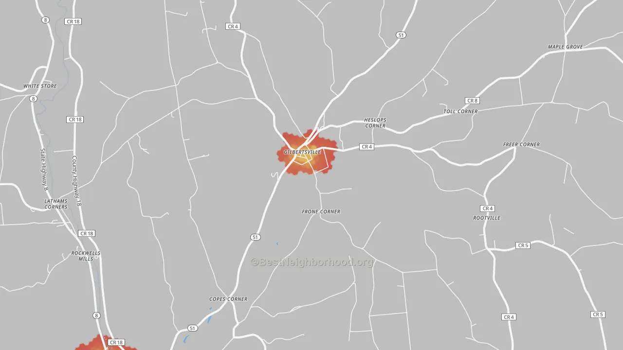 Walk Grade map of Gilbertsville, NY, walkable areas in green and car-dependent areas in red