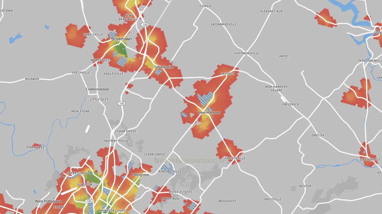 Walk Grade map of Gilbertsville, PA, walkable areas in green and car-dependent areas in red