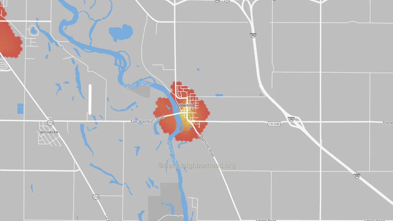 Walk Grade map of Gilbertville, IA, walkable areas in green and car-dependent areas in red
