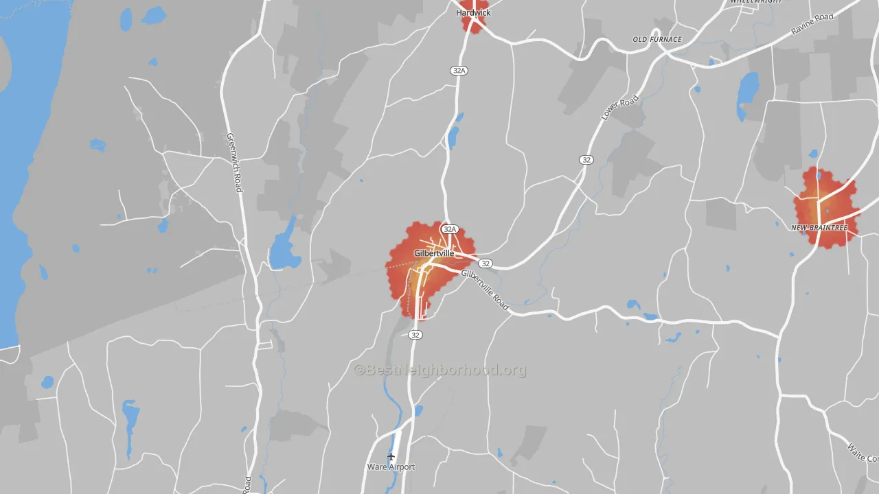Walk Grade map of Gilbertville, MA, walkable areas in green and car-dependent areas in red