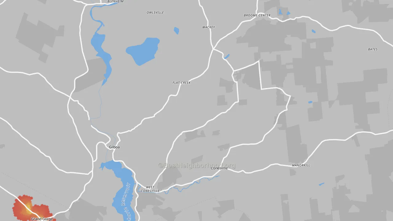 Walk Grade map of Gilboa, NY, walkable areas in green and car-dependent areas in red