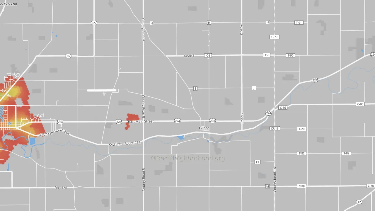 Walk Grade map of Gilboa, OH, walkable areas in green and car-dependent areas in red