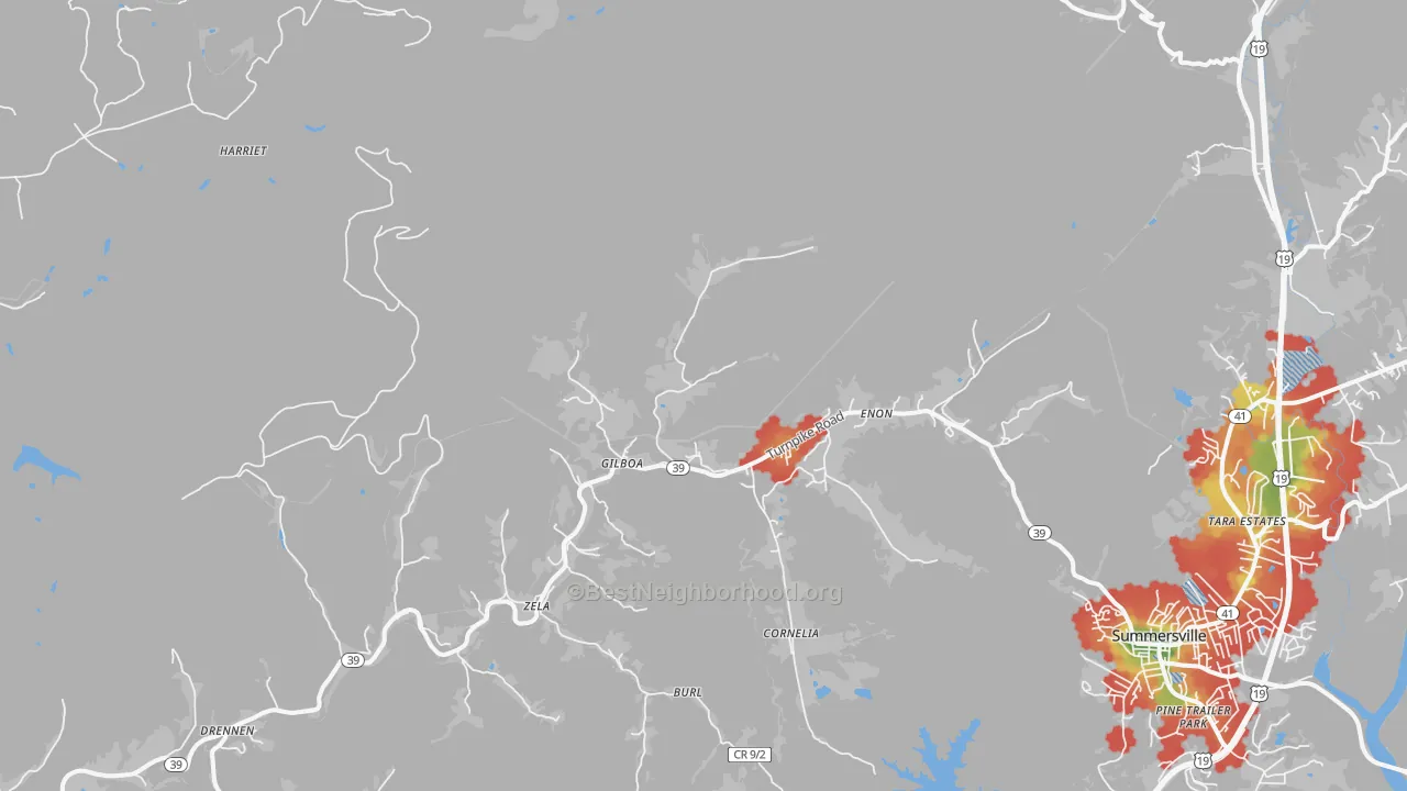 Walk Grade map of Gilboa, WV, walkable areas in green and car-dependent areas in red