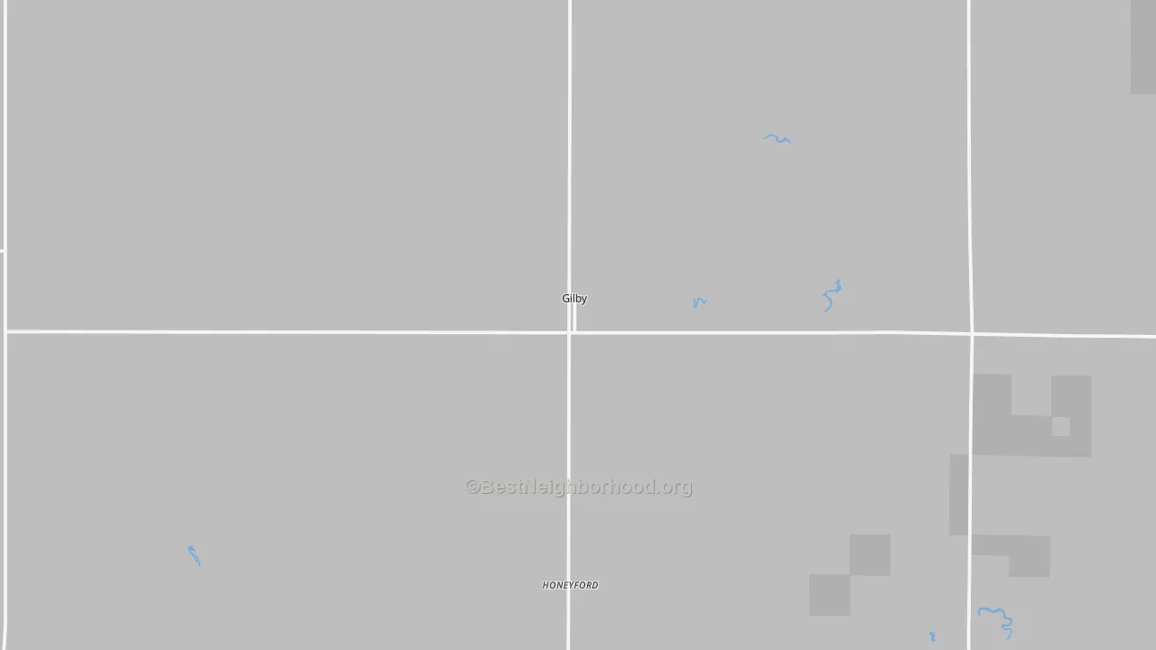 Walk Grade map of Gilby, ND, walkable areas in green and car-dependent areas in red