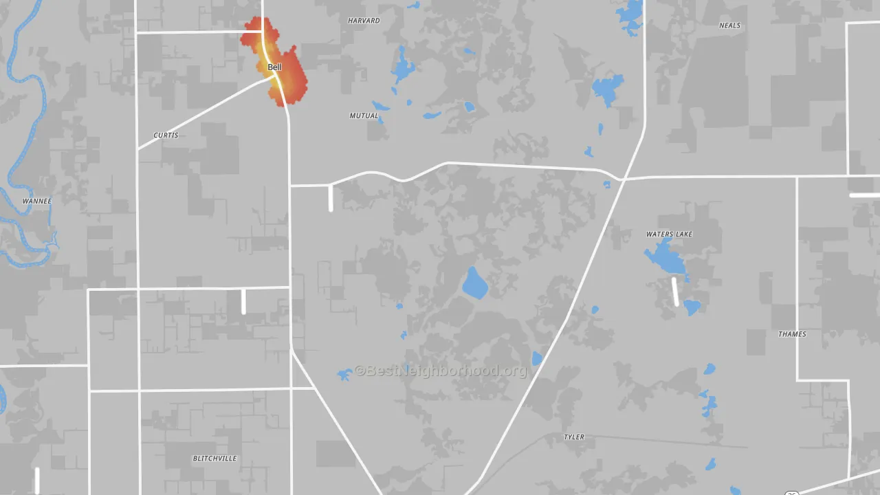 Walk Grade map of Gilchrist County, FL, walkable areas in green and car-dependent areas in red