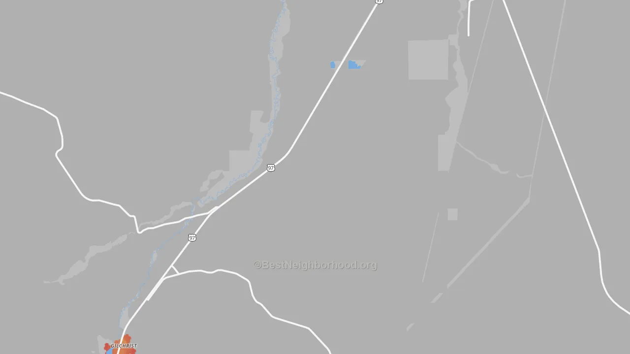 Walk Grade map of Gilchrist, OR, walkable areas in green and car-dependent areas in red
