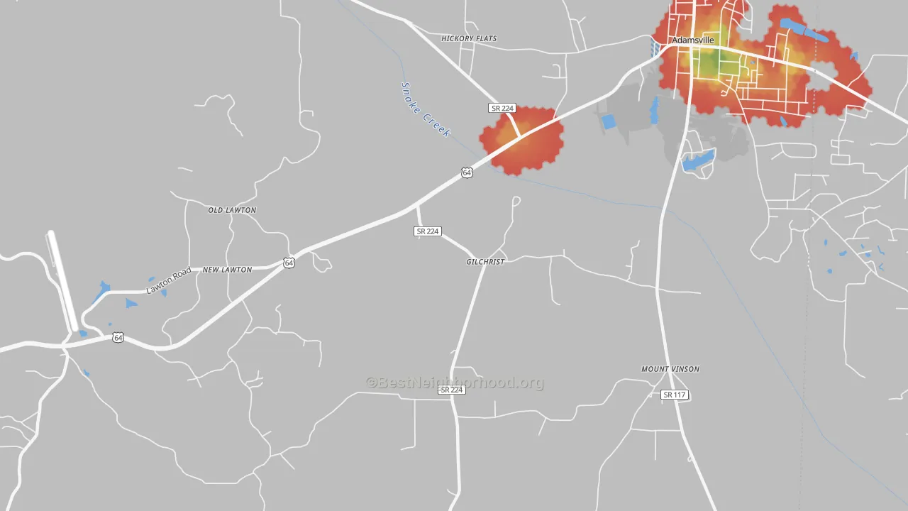 Walk Grade map of Gilchrist, TN, walkable areas in green and car-dependent areas in red