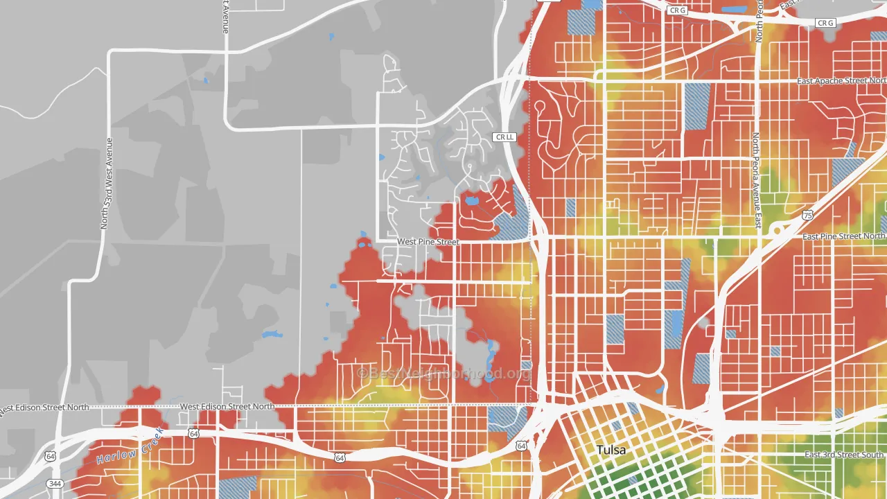 Walk Grade map of Gilcrease Hills, Tulsa, OK, walkable areas in green and car-dependent areas in red