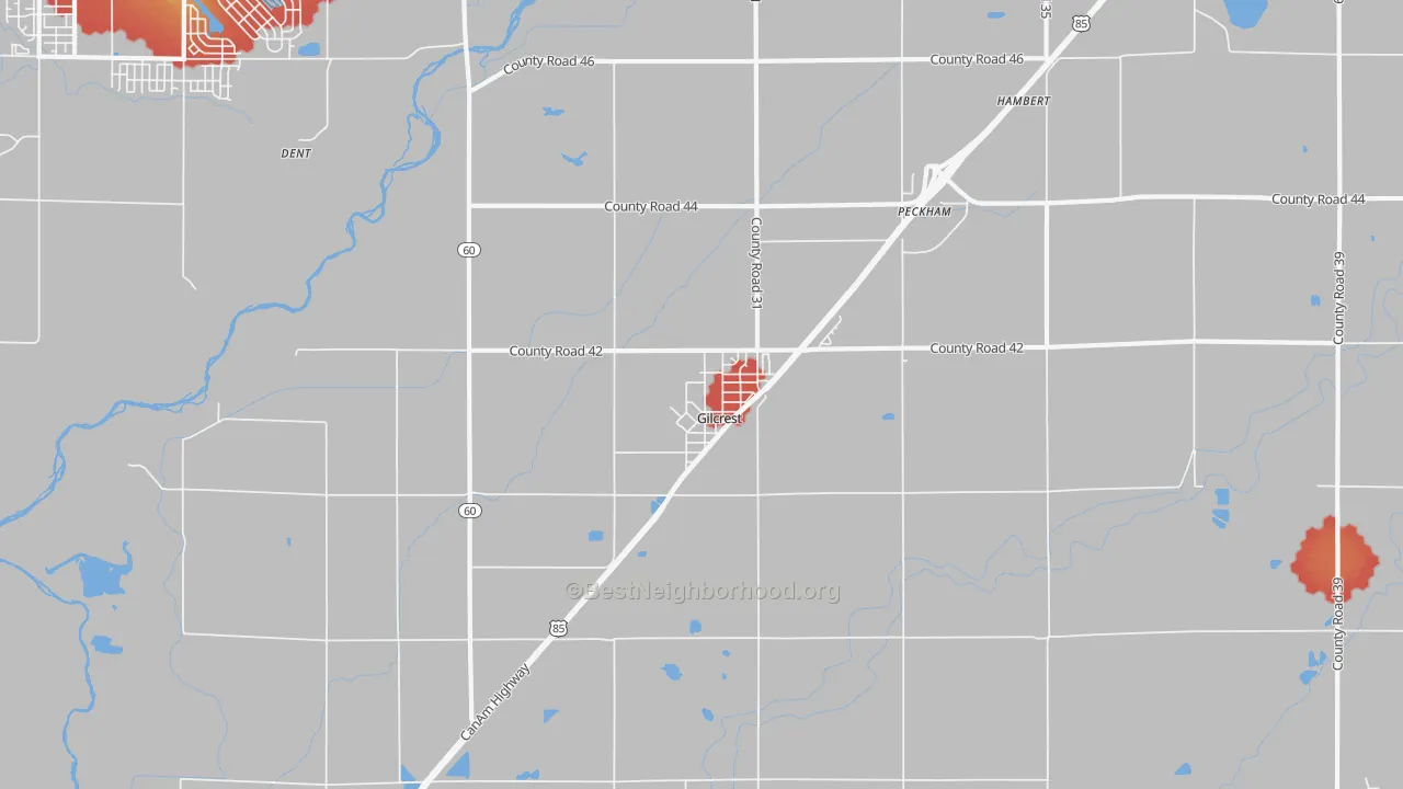 Walk Grade map of Gilcrest, CO, walkable areas in green and car-dependent areas in red