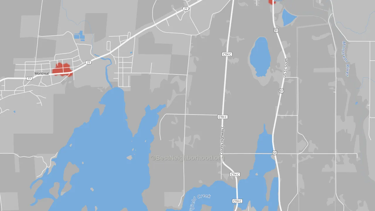 Walk Grade map of Gile, WI, walkable areas in green and car-dependent areas in red