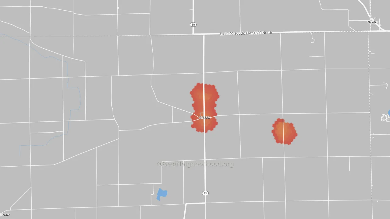Walk Grade map of Gilead, IN, walkable areas in green and car-dependent areas in red