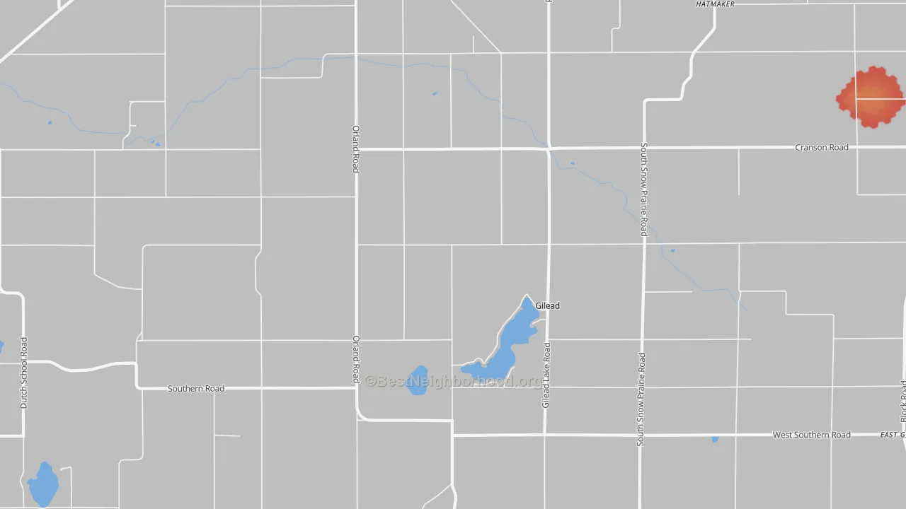 Walk Grade map of Gilead, MI, walkable areas in green and car-dependent areas in red