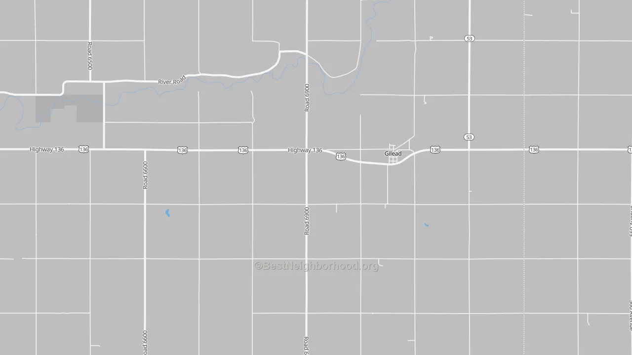 Walk Grade map of Gilead, NE, walkable areas in green and car-dependent areas in red