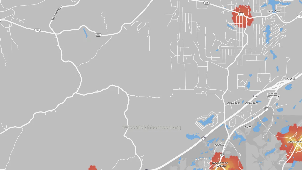 Walk Grade map of Giles, AL, walkable areas in green and car-dependent areas in red