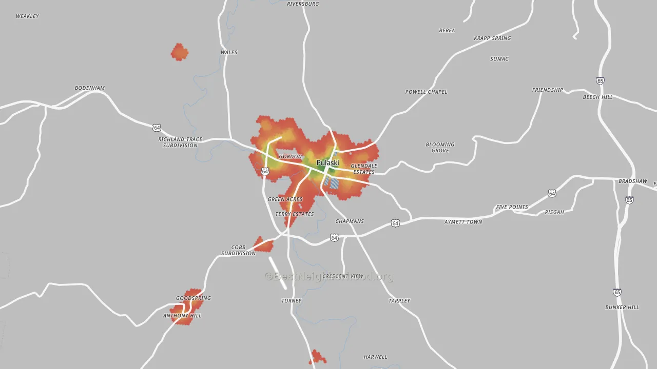 Walk Grade map of Giles County, TN, walkable areas in green and car-dependent areas in red