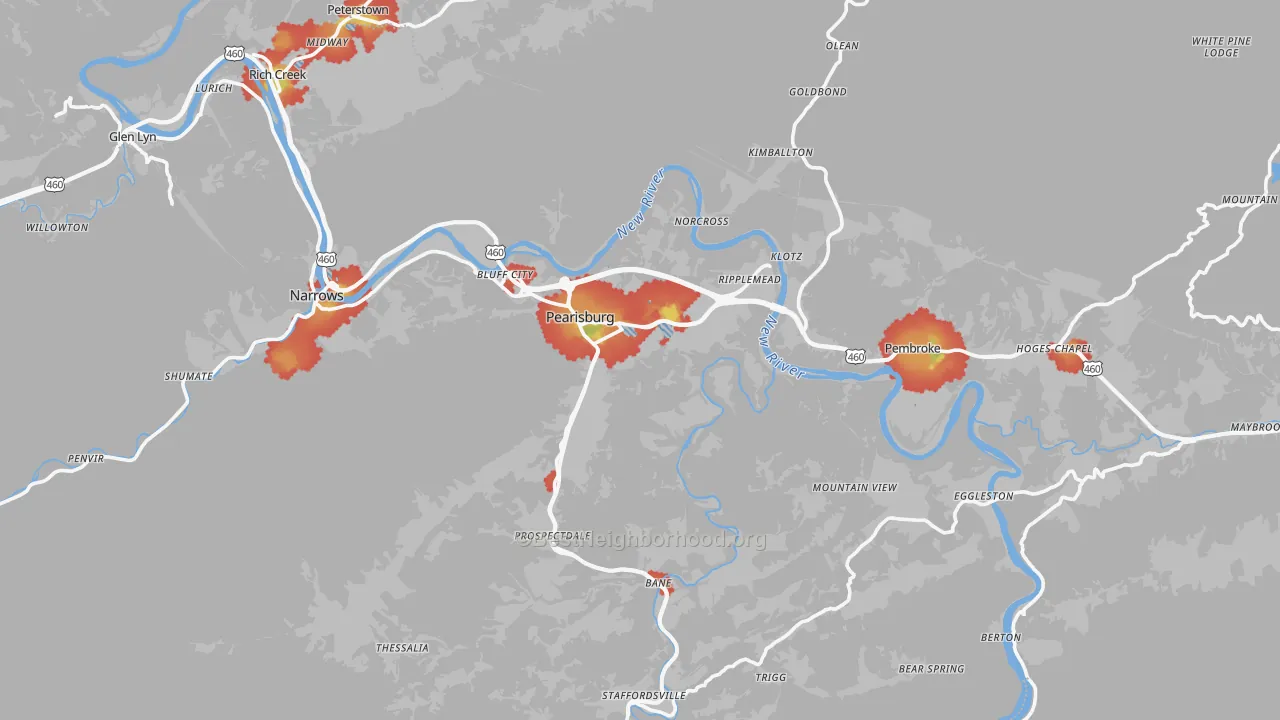 Walk Grade map of Giles County, VA, walkable areas in green and car-dependent areas in red