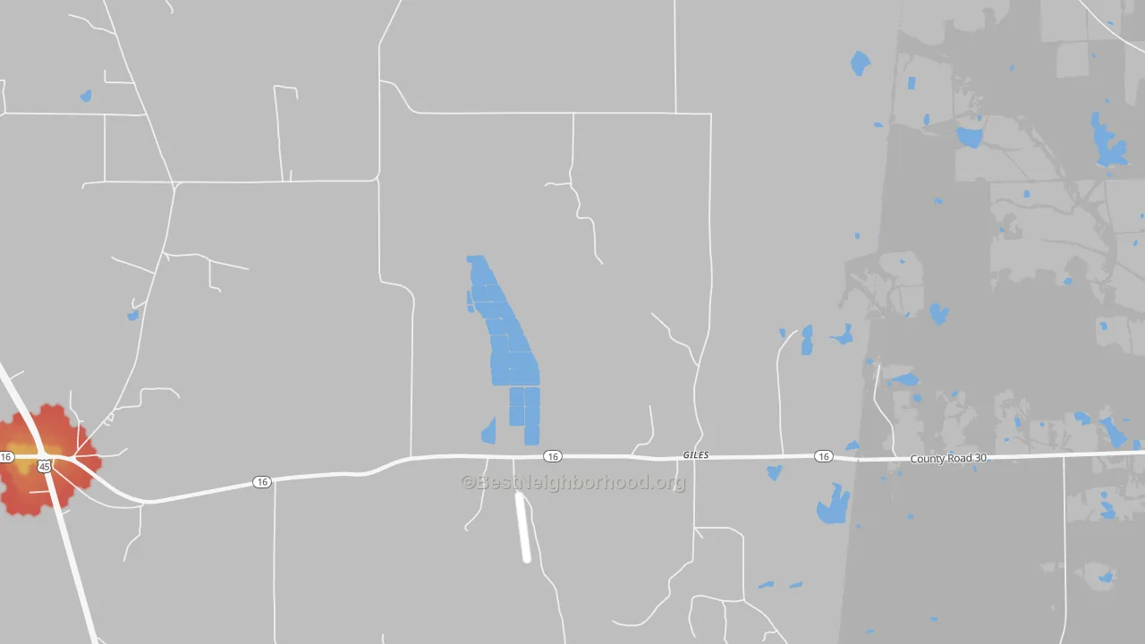 Walk Grade map of Giles, MS, walkable areas in green and car-dependent areas in red