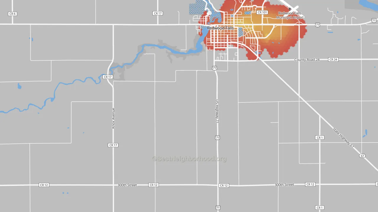 Walk Grade map of Gilfillan, MN, walkable areas in green and car-dependent areas in red