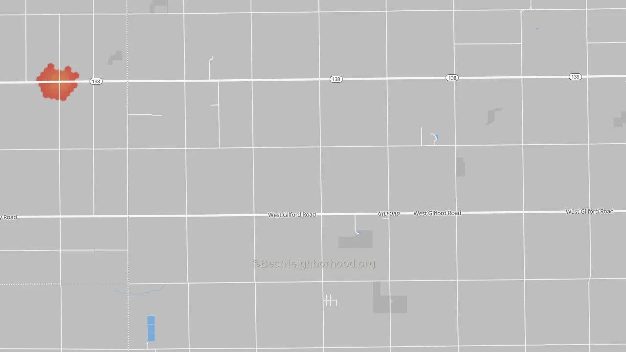 Walk Grade map of Gilford, MI, walkable areas in green and car-dependent areas in red