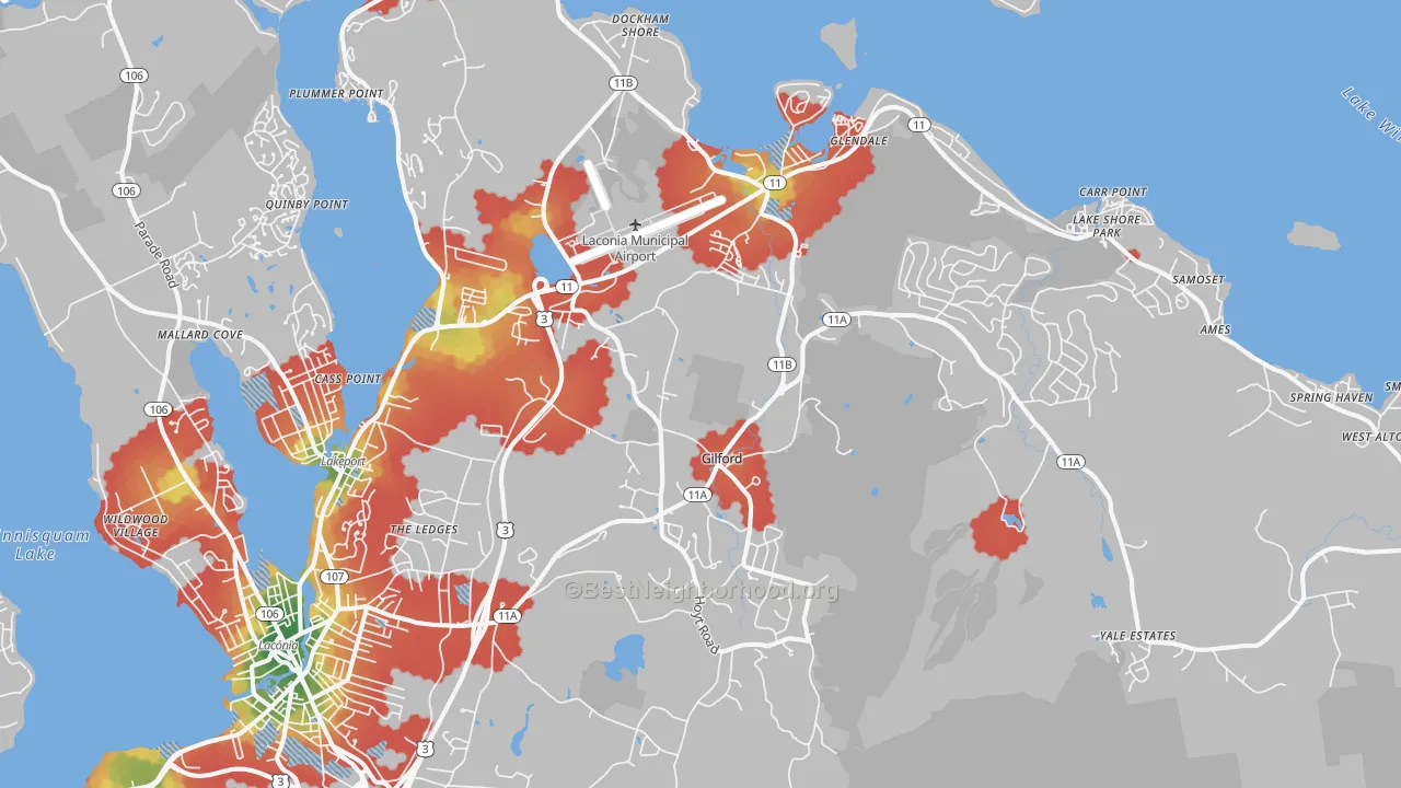 Walk Grade map of Gilford, NH, walkable areas in green and car-dependent areas in red