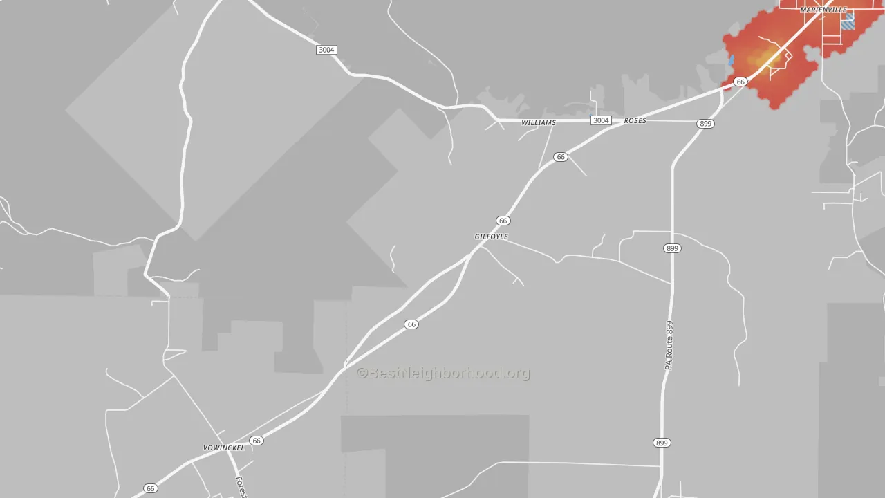 Walk Grade map of Gilfoyl, PA, walkable areas in green and car-dependent areas in red