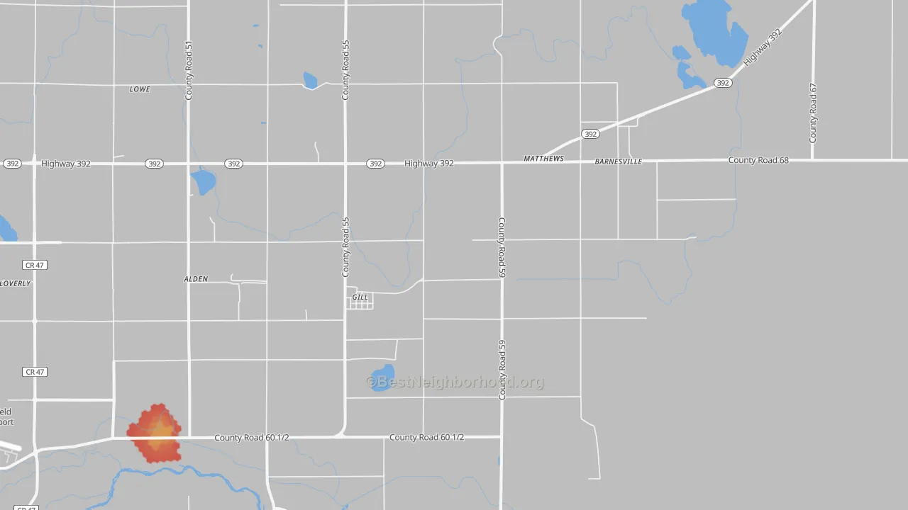 Walk Grade map of Gill, CO, walkable areas in green and car-dependent areas in red