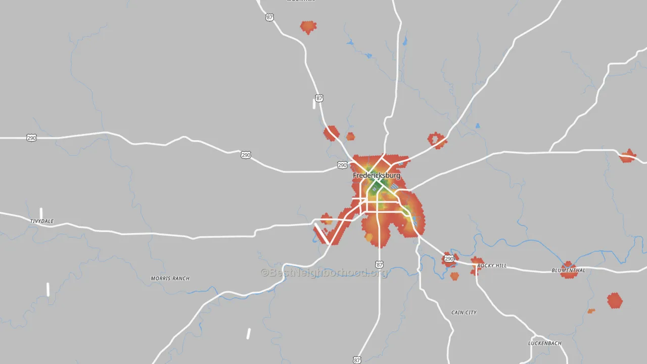Walk Grade map of Gillespie County, TX, walkable areas in green and car-dependent areas in red