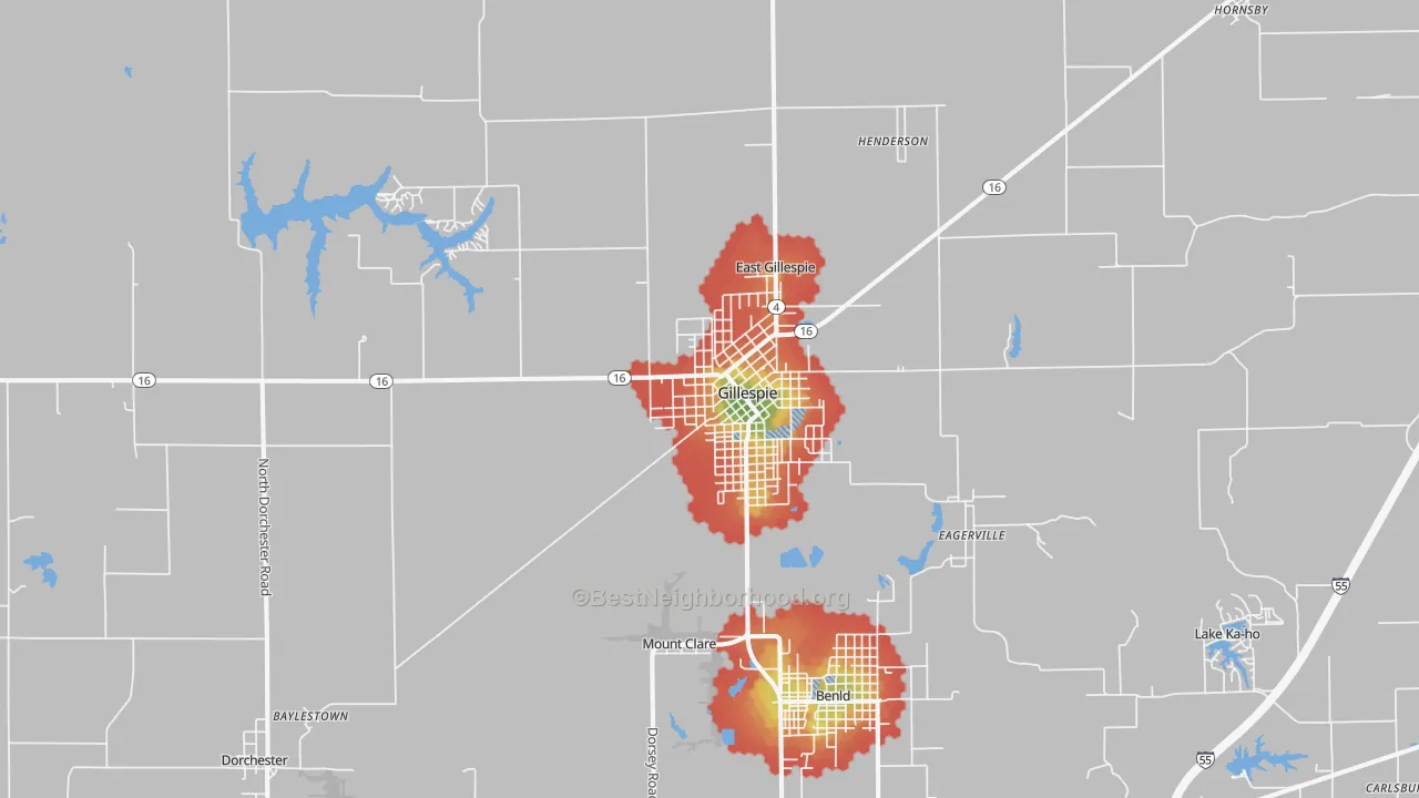 Walk Grade map of Gillespie, IL, walkable areas in green and car-dependent areas in red