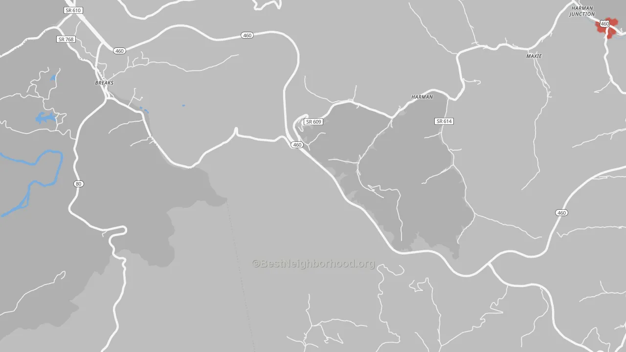 Walk Grade map of Gillespie, VA, walkable areas in green and car-dependent areas in red