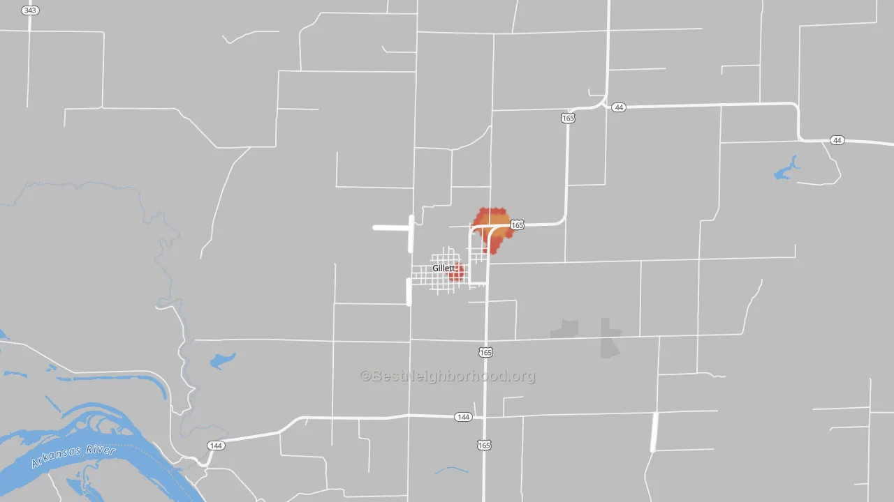 Walk Grade map of Gillett, AR, walkable areas in green and car-dependent areas in red