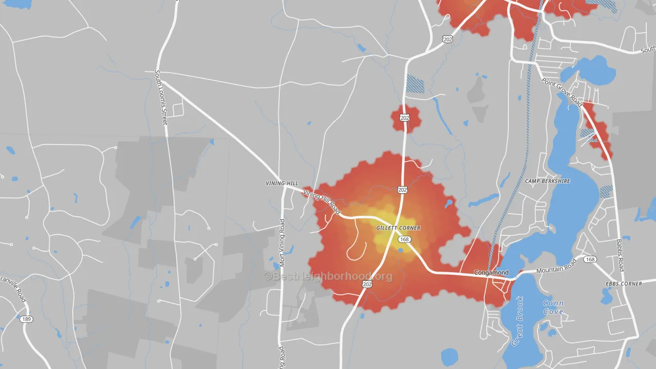 Walk Grade map of Gillett Corner, MA, walkable areas in green and car-dependent areas in red