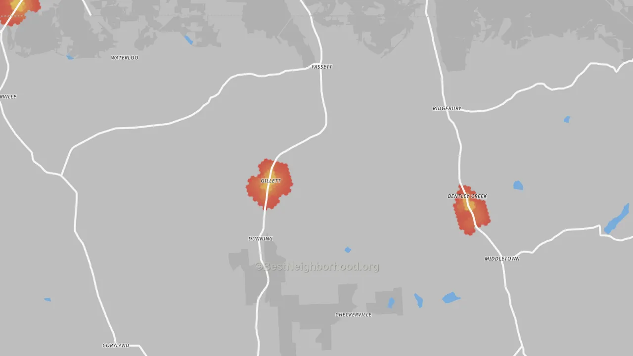 Walk Grade map of Gillett, PA, walkable areas in green and car-dependent areas in red