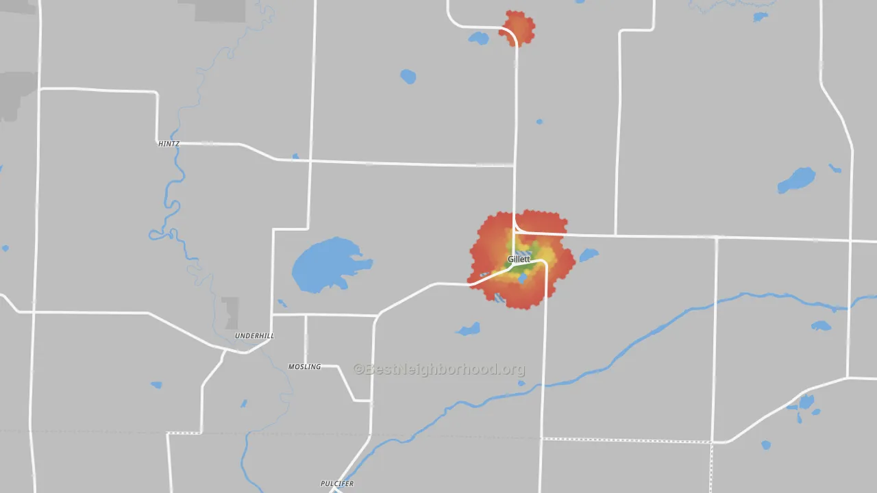 Walk Grade map of Gillett, WI, walkable areas in green and car-dependent areas in red