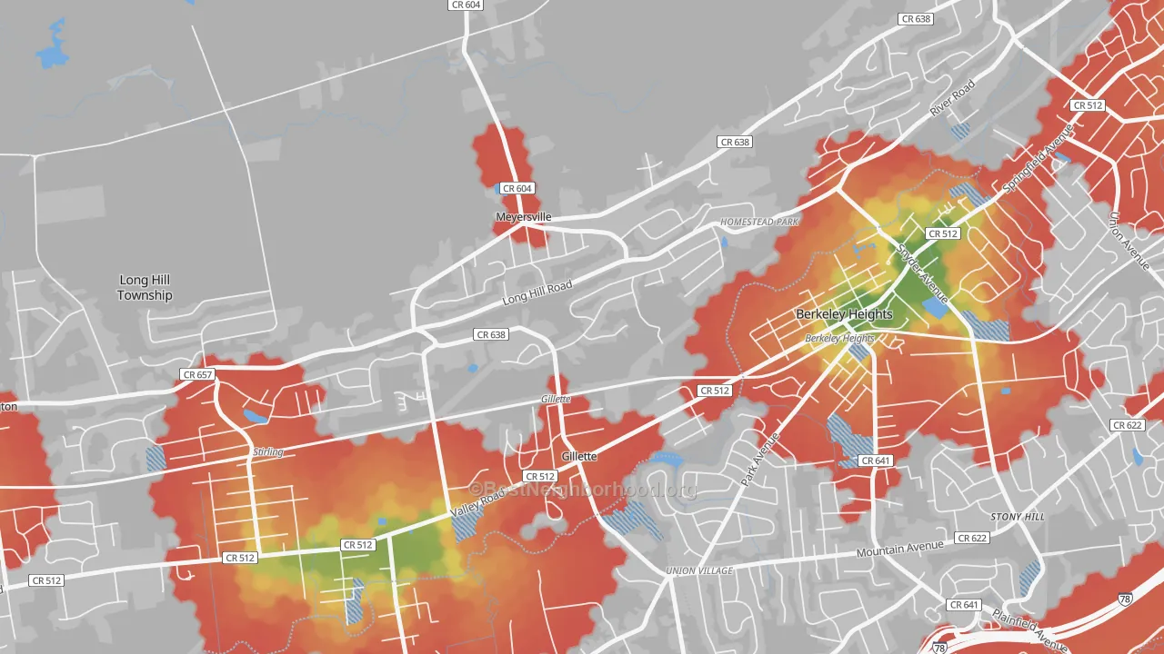 Walk Grade map of Gillette, NJ, walkable areas in green and car-dependent areas in red