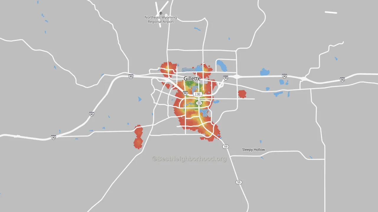 Walk Grade map of Gillette, WY, walkable areas in green and car-dependent areas in red