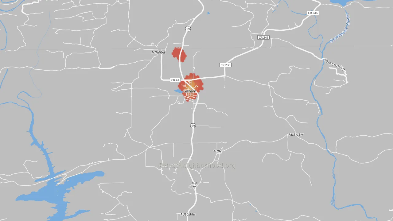 Walk Grade map of Gillham, AR, walkable areas in green and car-dependent areas in red