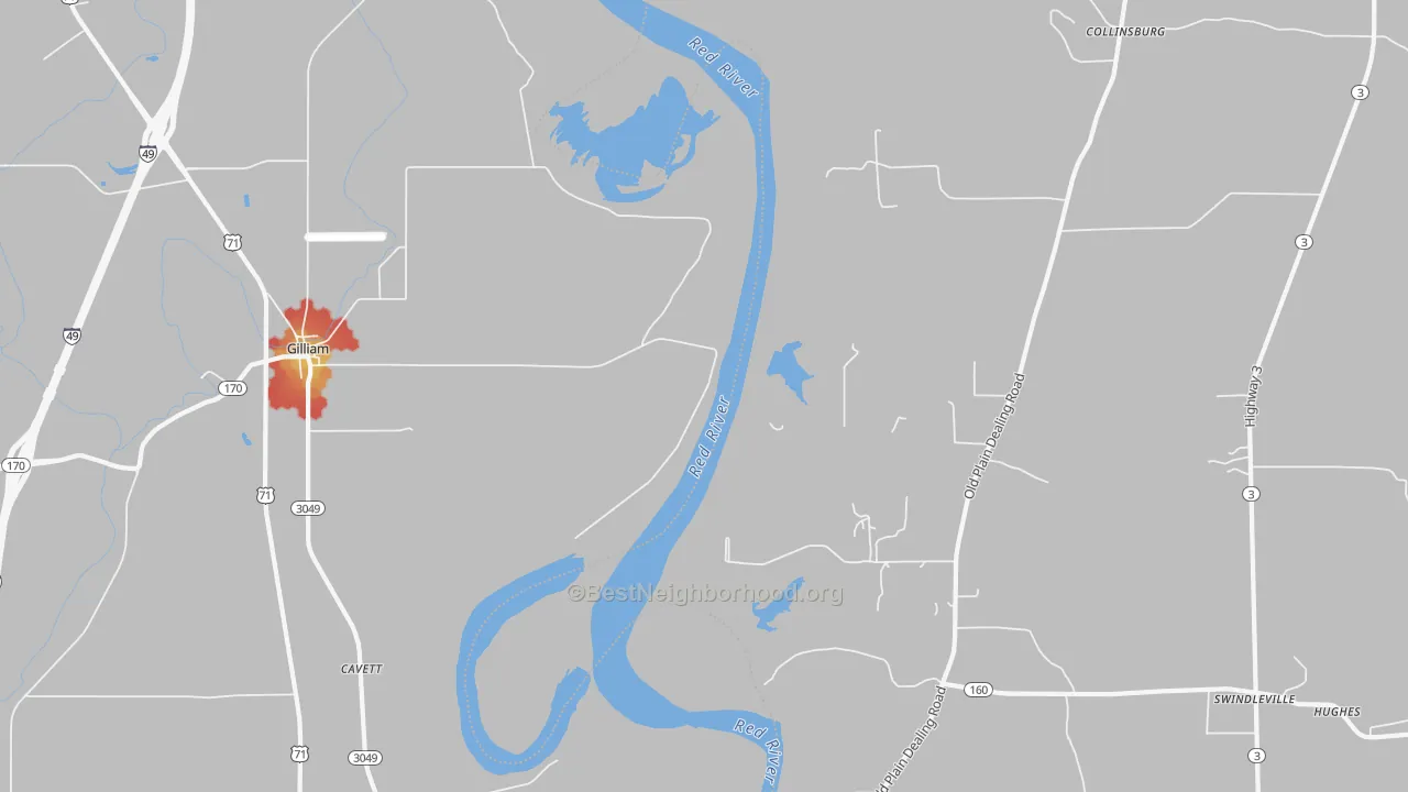 Walk Grade map of Gilliam, LA, walkable areas in green and car-dependent areas in red