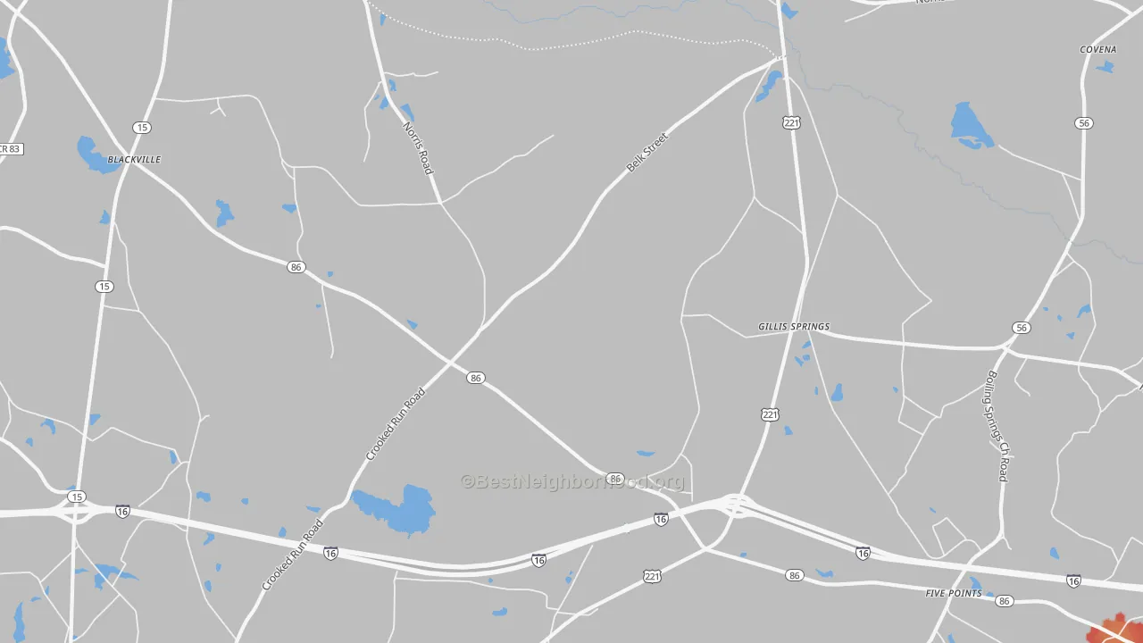 Walk Grade map of Gillis Springs, GA, walkable areas in green and car-dependent areas in red