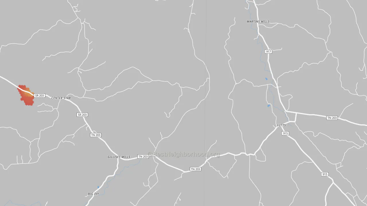 Walk Grade map of Gillises Mills, TN, walkable areas in green and car-dependent areas in red