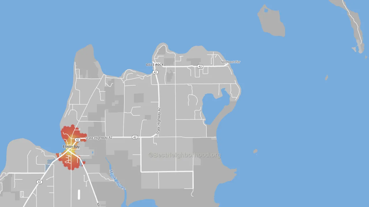 Walk Grade map of Gills Rock, WI, walkable areas in green and car-dependent areas in red
